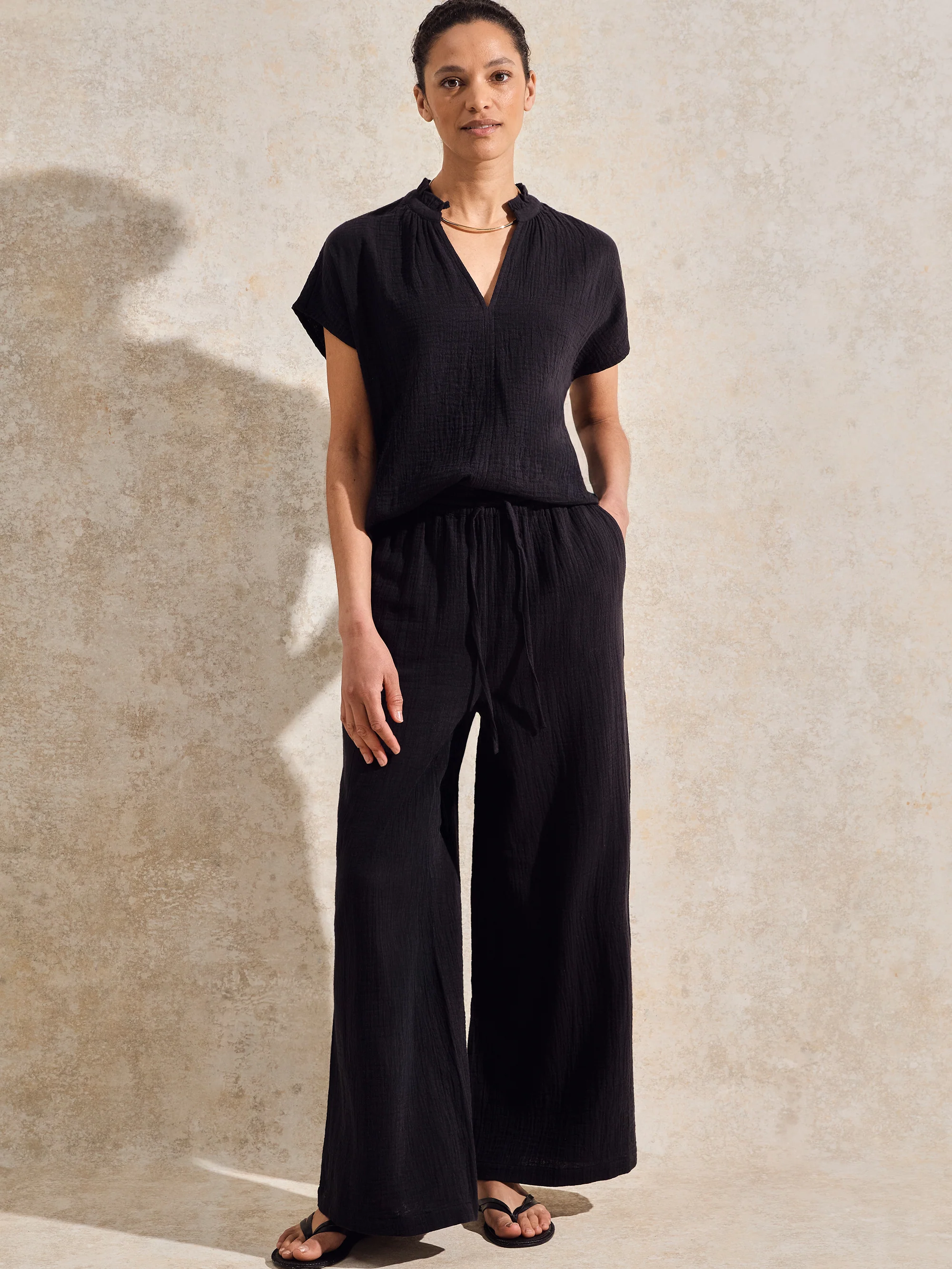 Petite Black Cheesecloth Wide-Leg Trousers