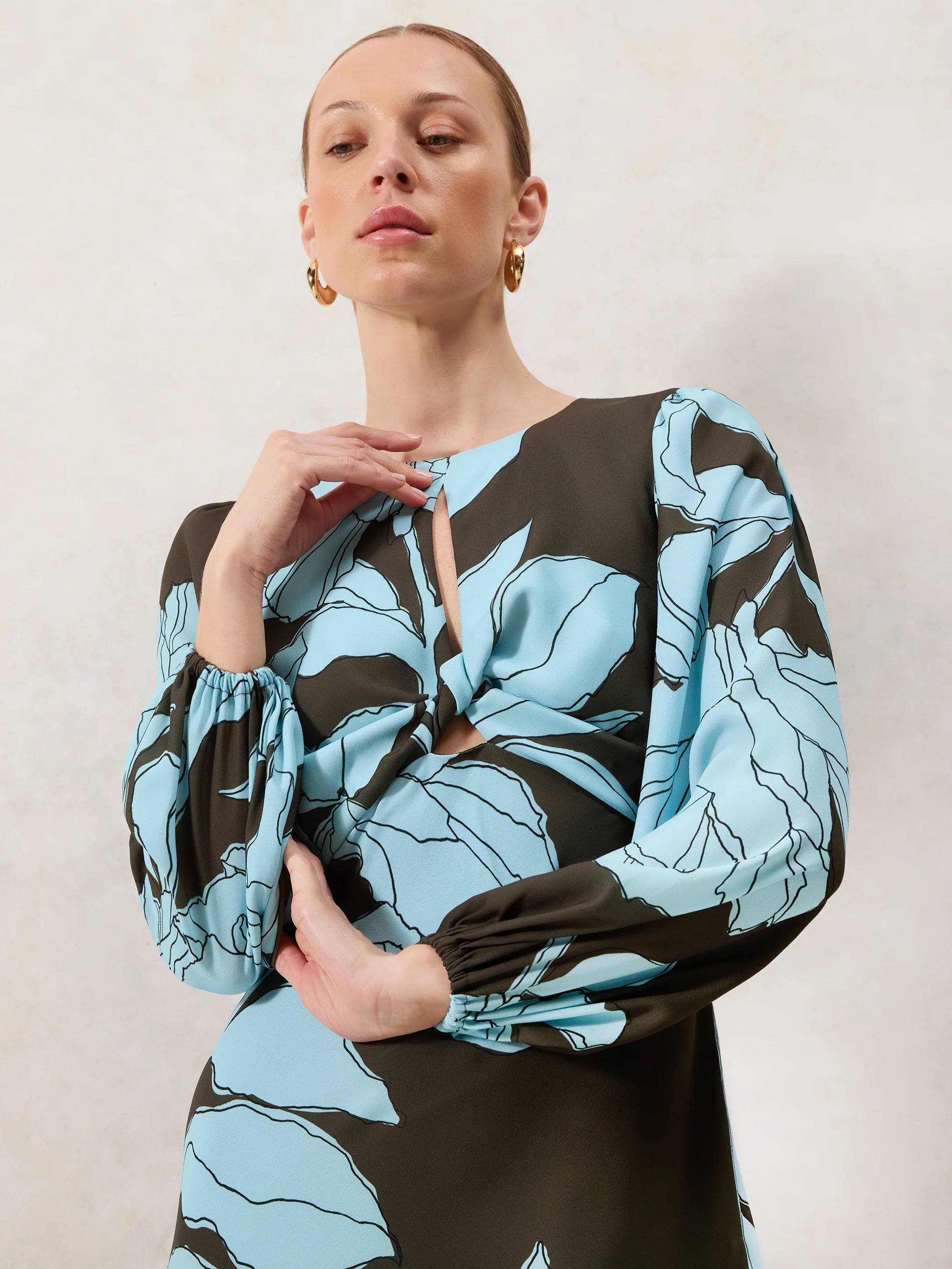 Mae Blue Floral Twist Front Midi Dress