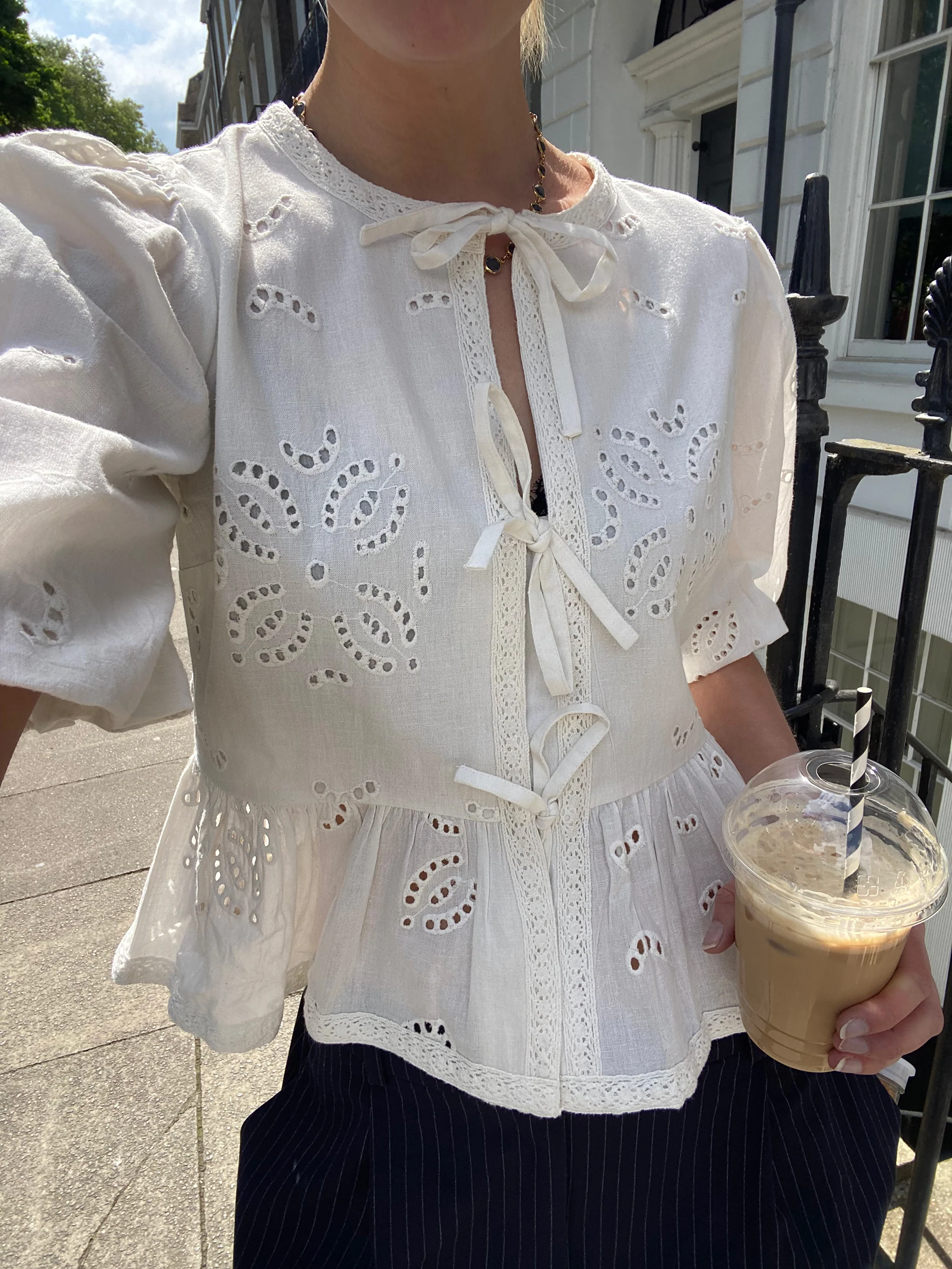 Ivory Broderie Tie Front Blouse