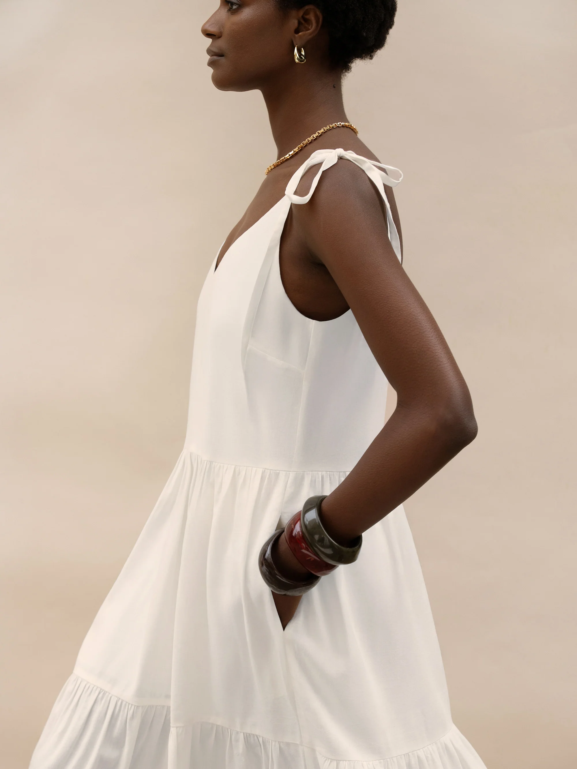 Cream Linen Tie Strap Dress
