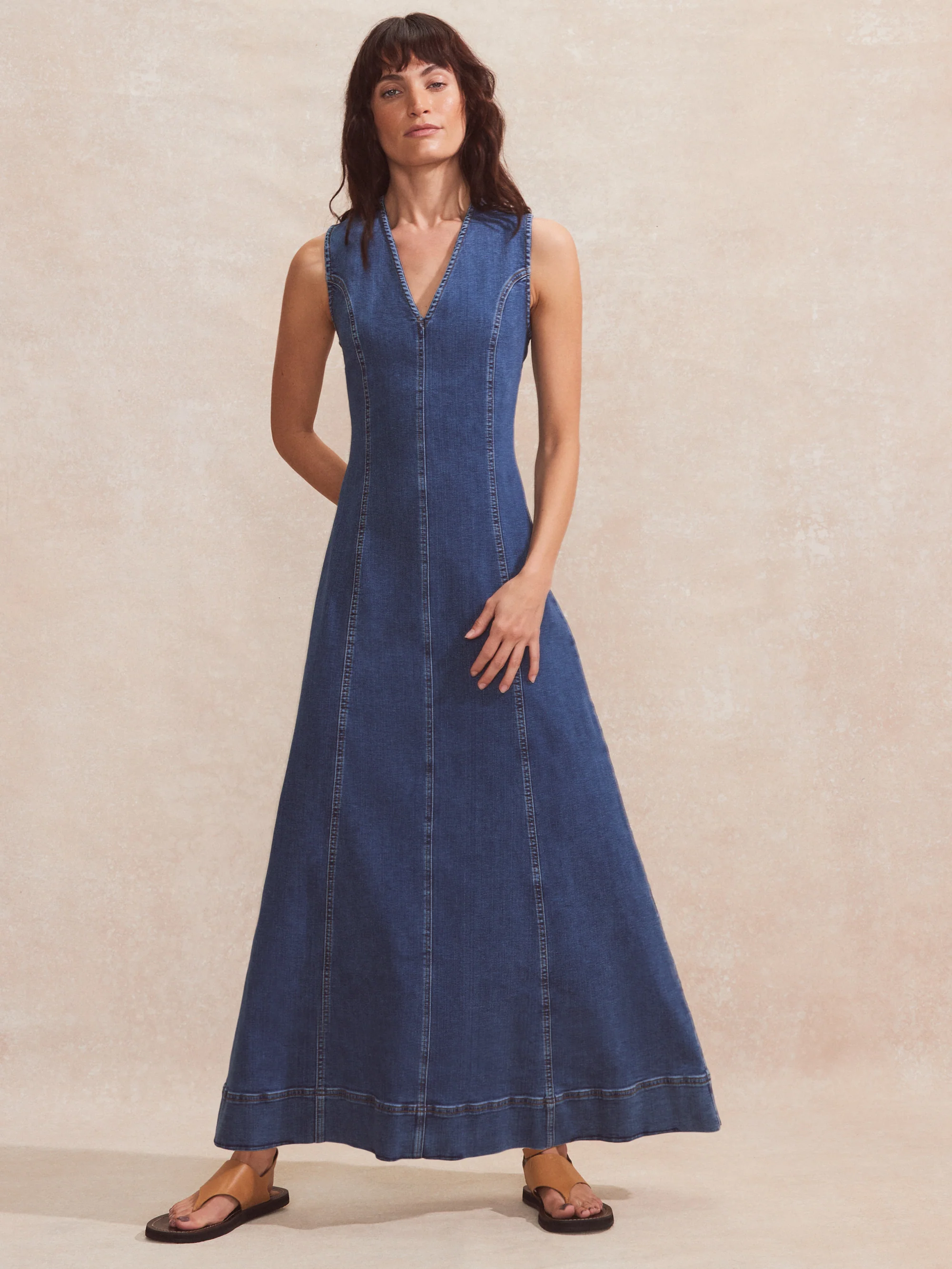 Blue V-Neck Denim Maxi Dress