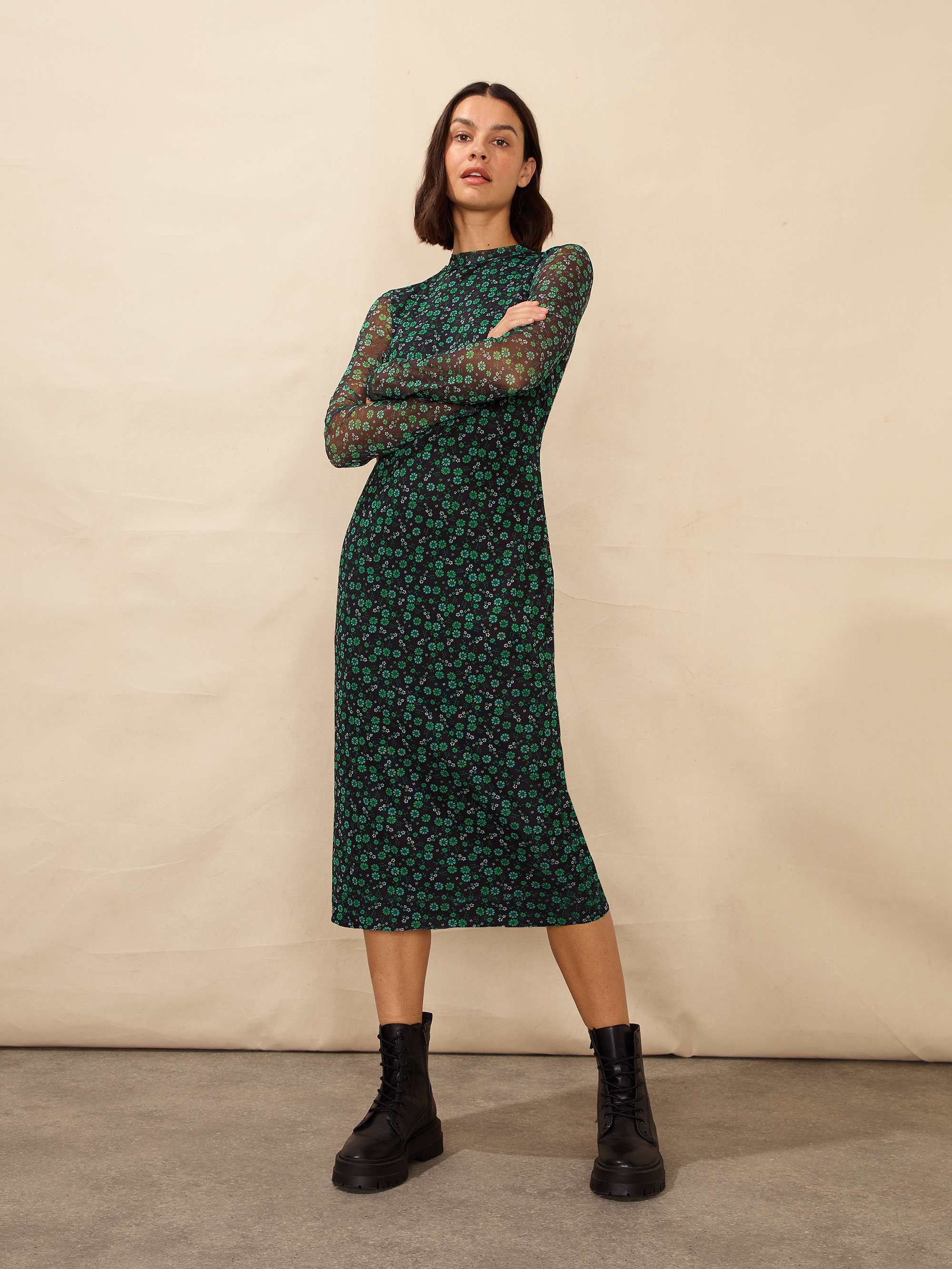 Petite Green Ditsy Print Mesh Dress