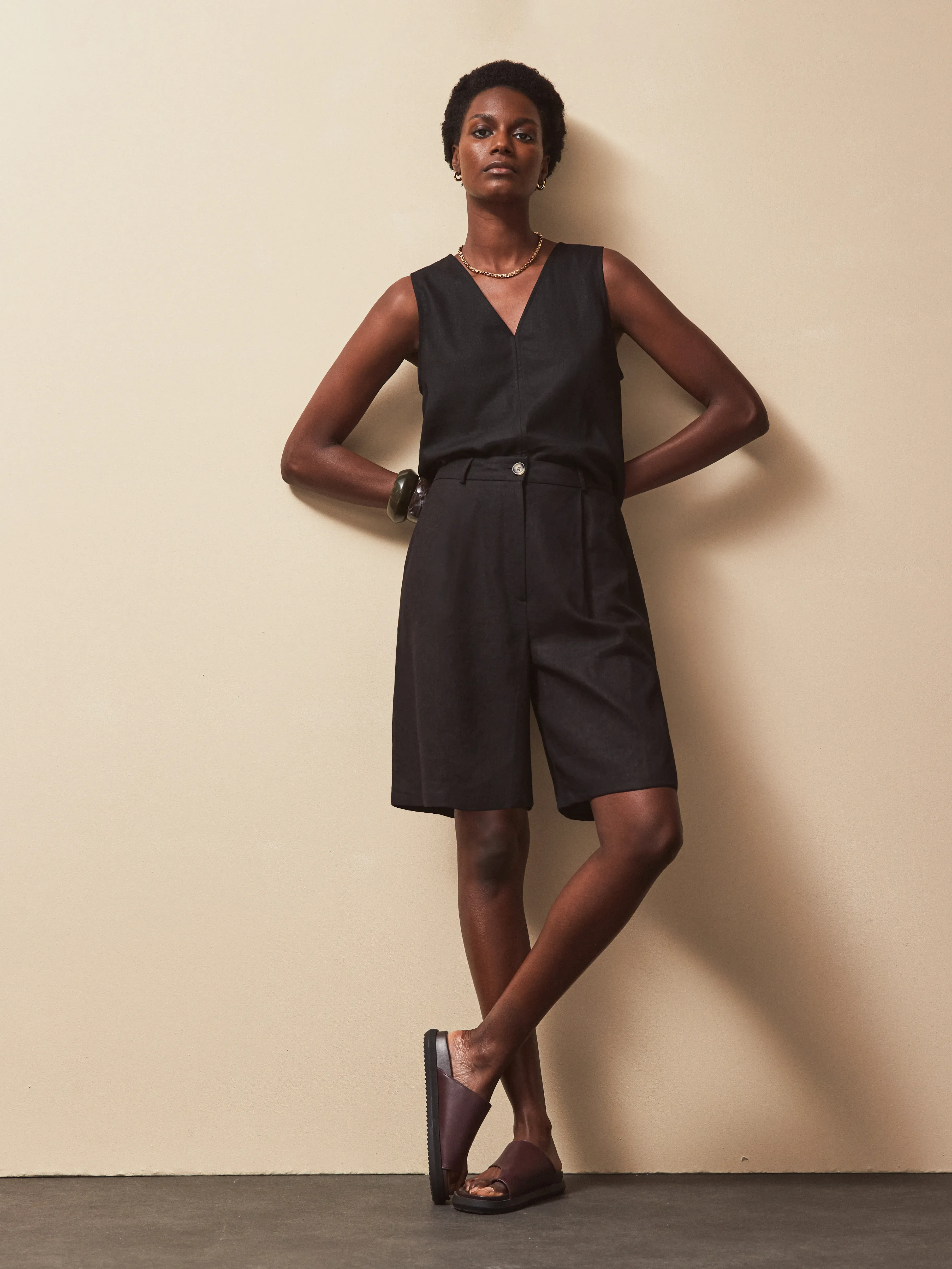 Black Linen Blend Bermuda Shorts