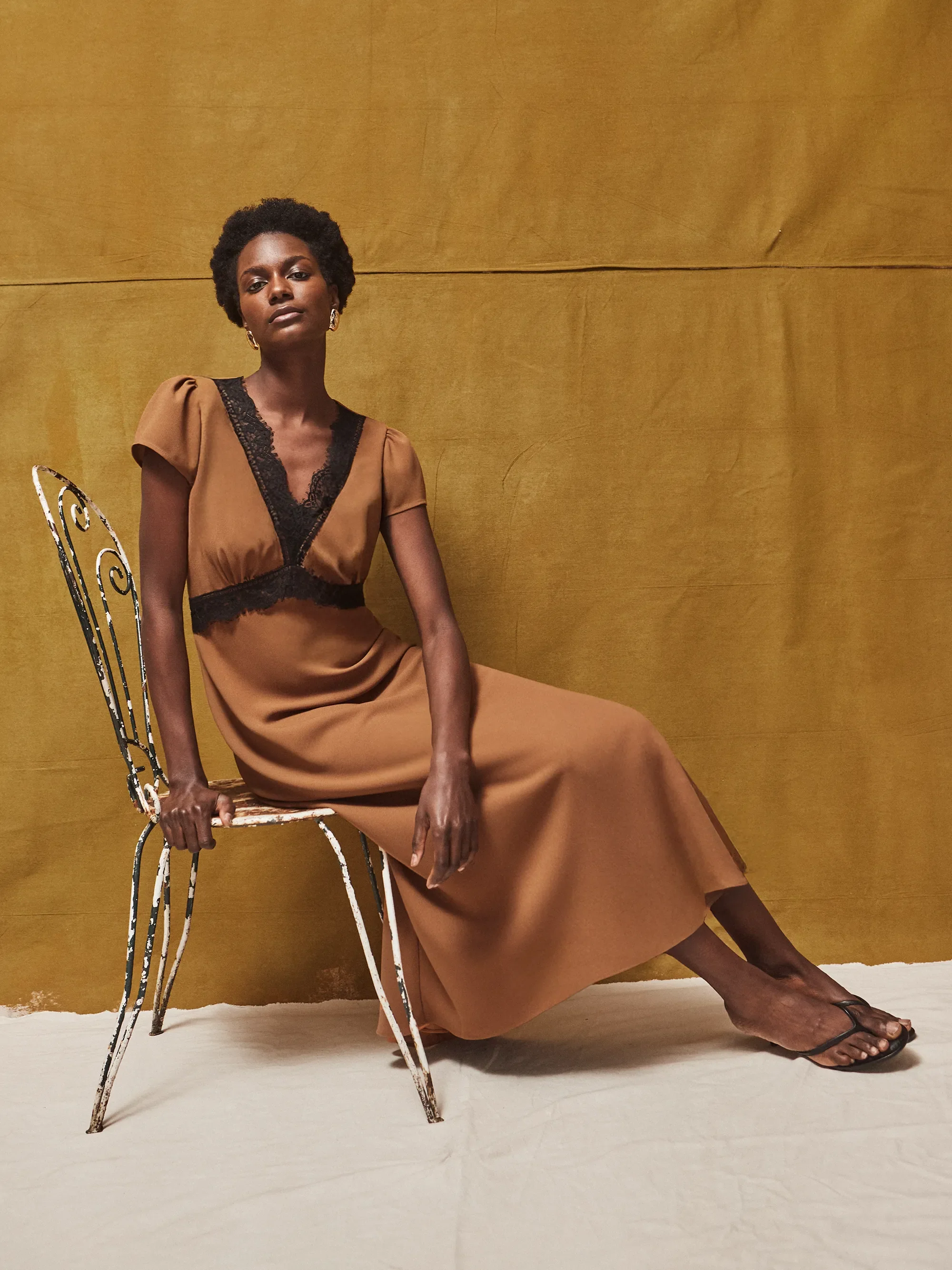 Caramel Lace Trim Dress