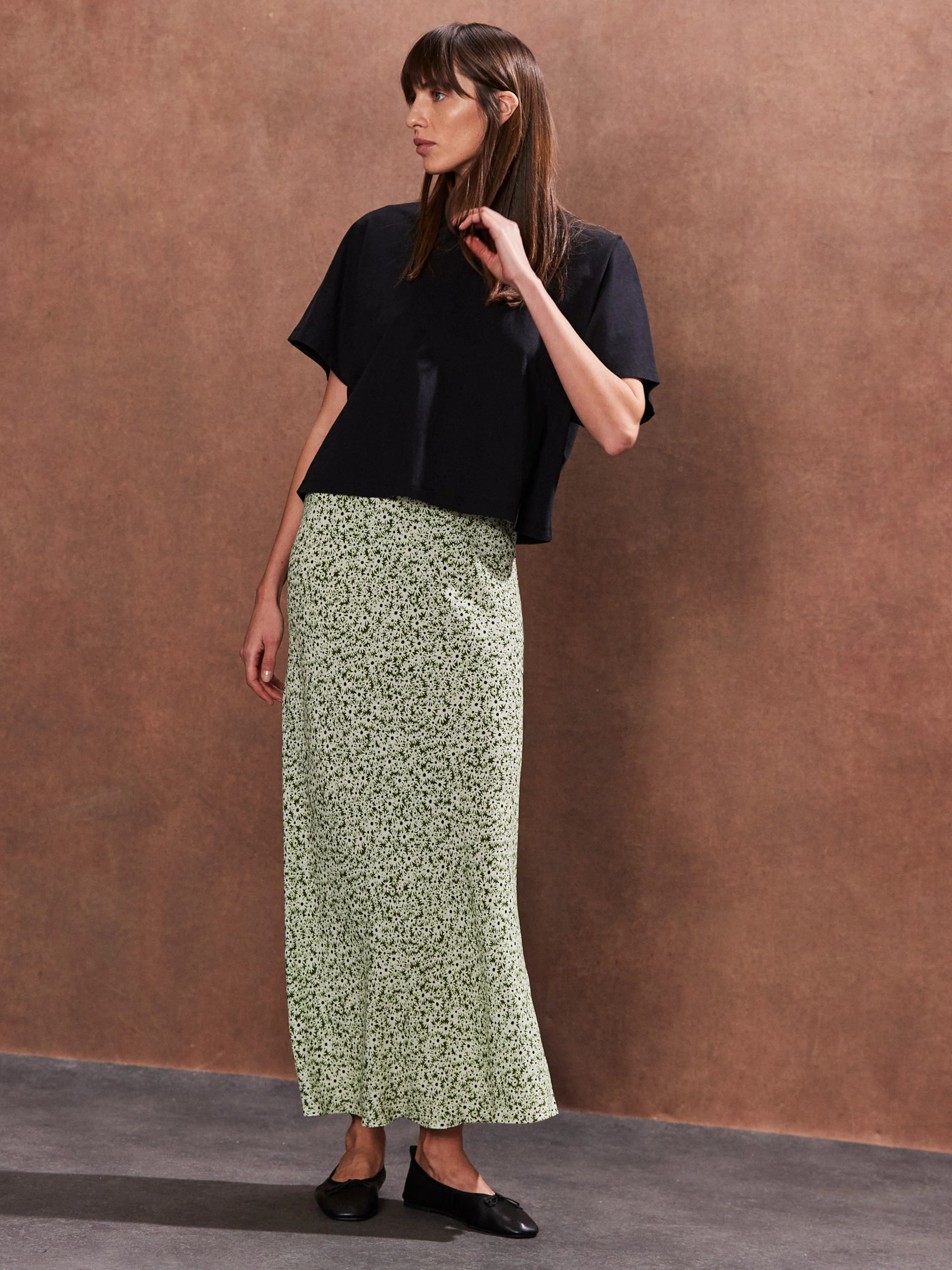 Green Ditsy Bias Cut Maxi Skirt