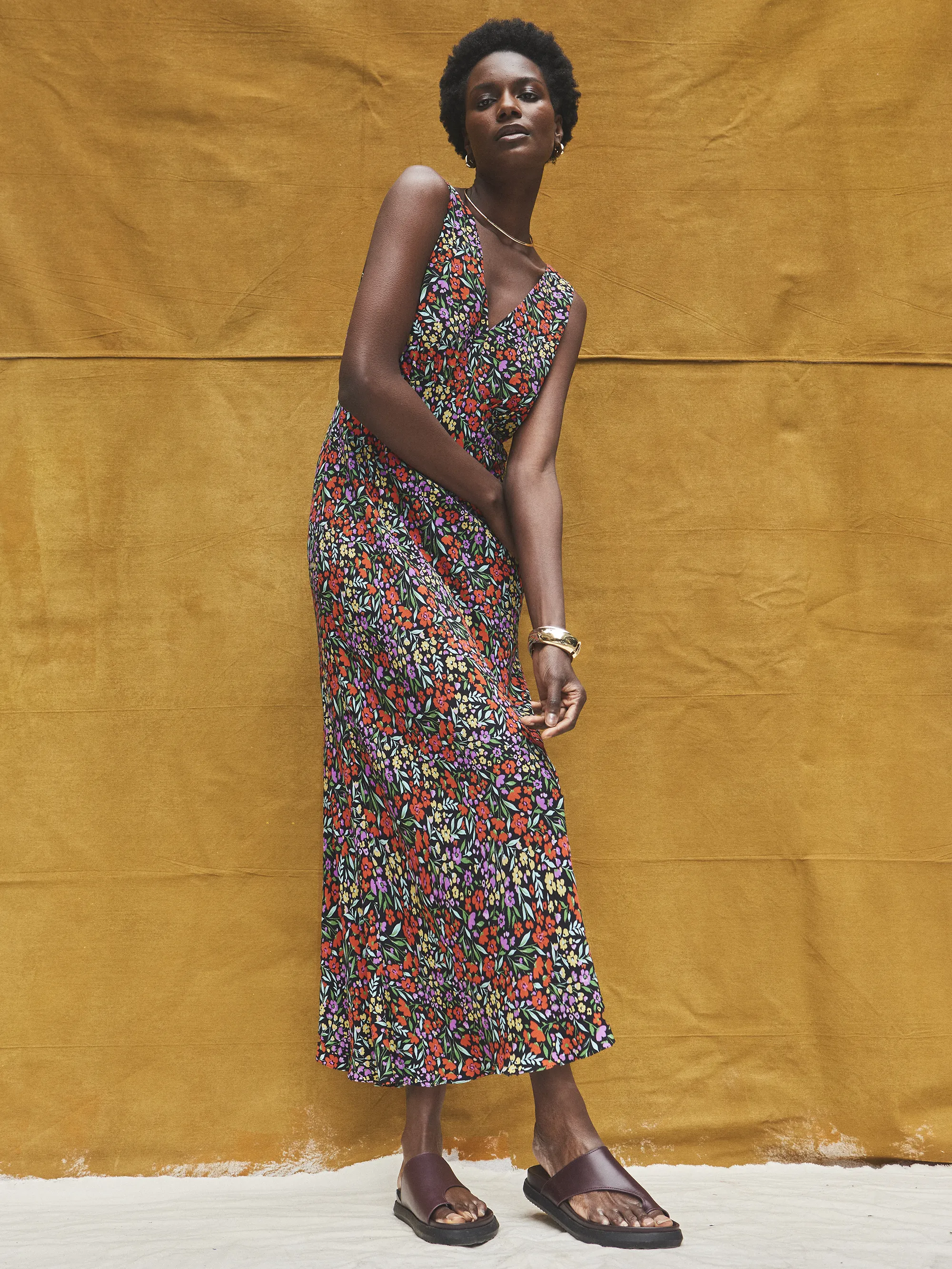 Ditsy-Print V-Neck Midi Dress